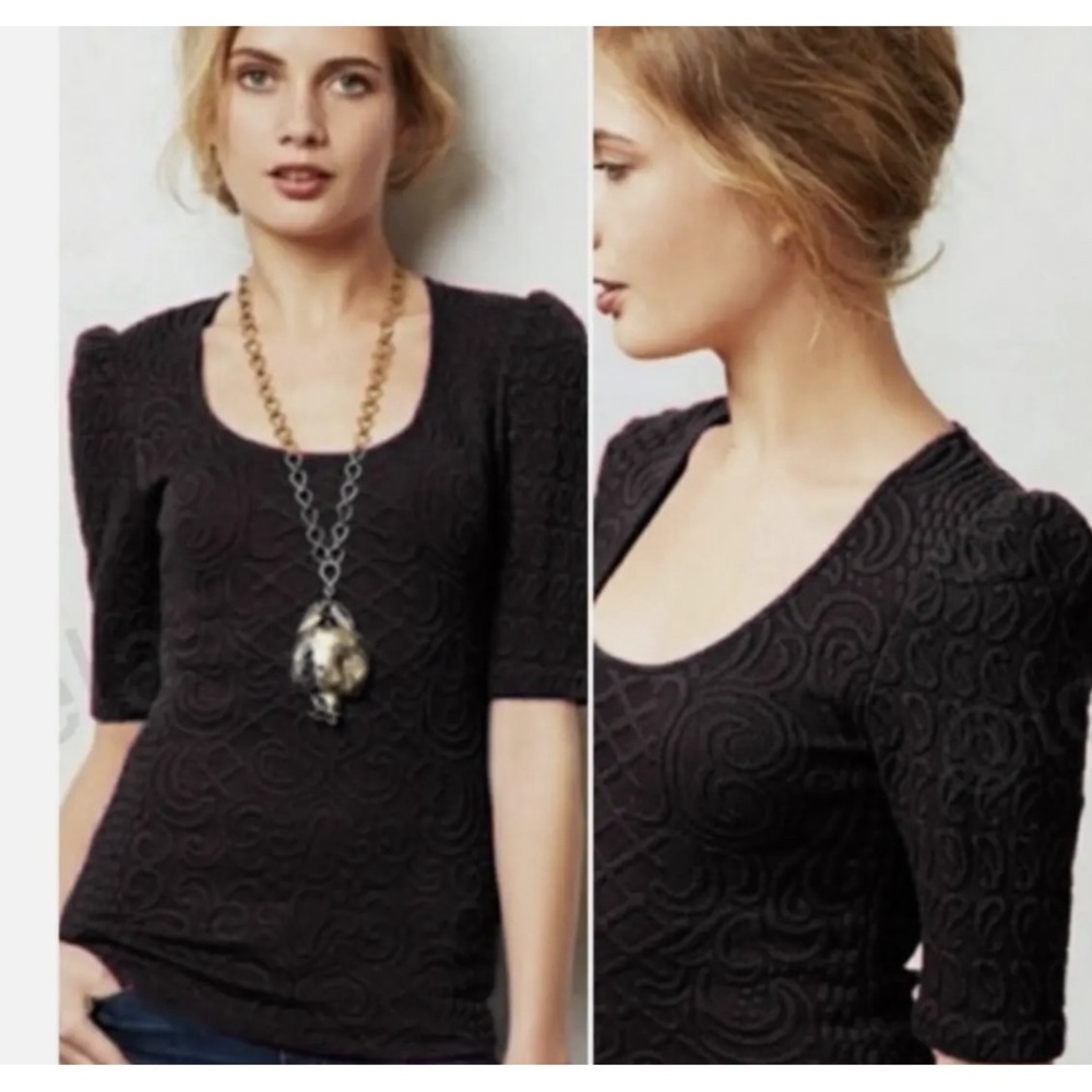🌟 Anthropologie Deletta Athlone Textured Jacquard Top Black Puff Sleeve - M